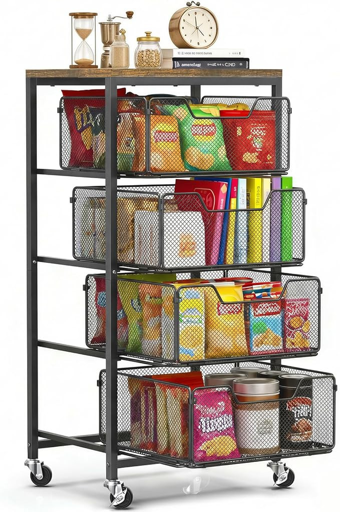 Rolling Cart with Drawers, 4-Tier Utility Cart Snack Storage Organizer with Lockable Wheels, Meta... | Amazon (US)