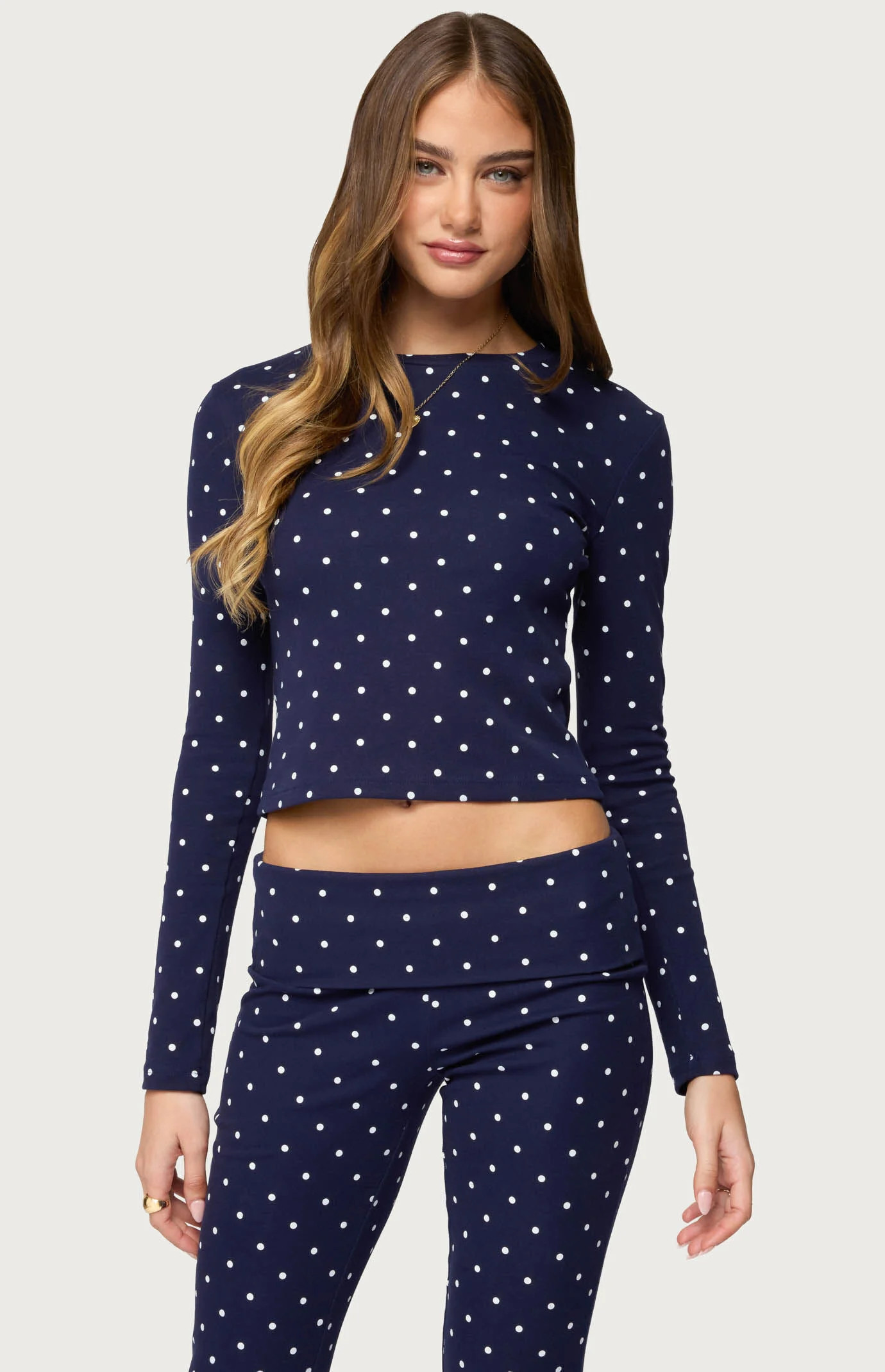 Edikted Women's Daliya Polka Dot Long Sleeve Top in Navy - Size XS | PacSun
