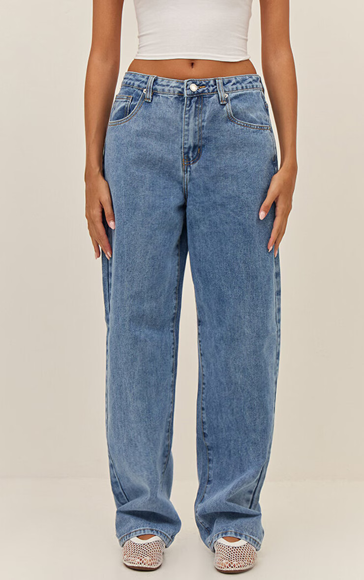 PRETTYLITTLETHING Mid Blue Wash High Waist Boyfriend Jeans | PrettyLittleThing US