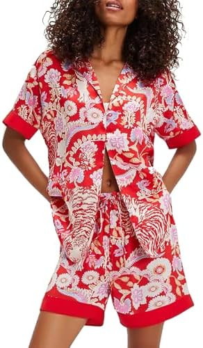 Women Silk Pajamas Floral Satin Pajama Set Short Sleeve Shirts and Shorts 2 Piece Pjs Summer Loun... | Amazon (US)