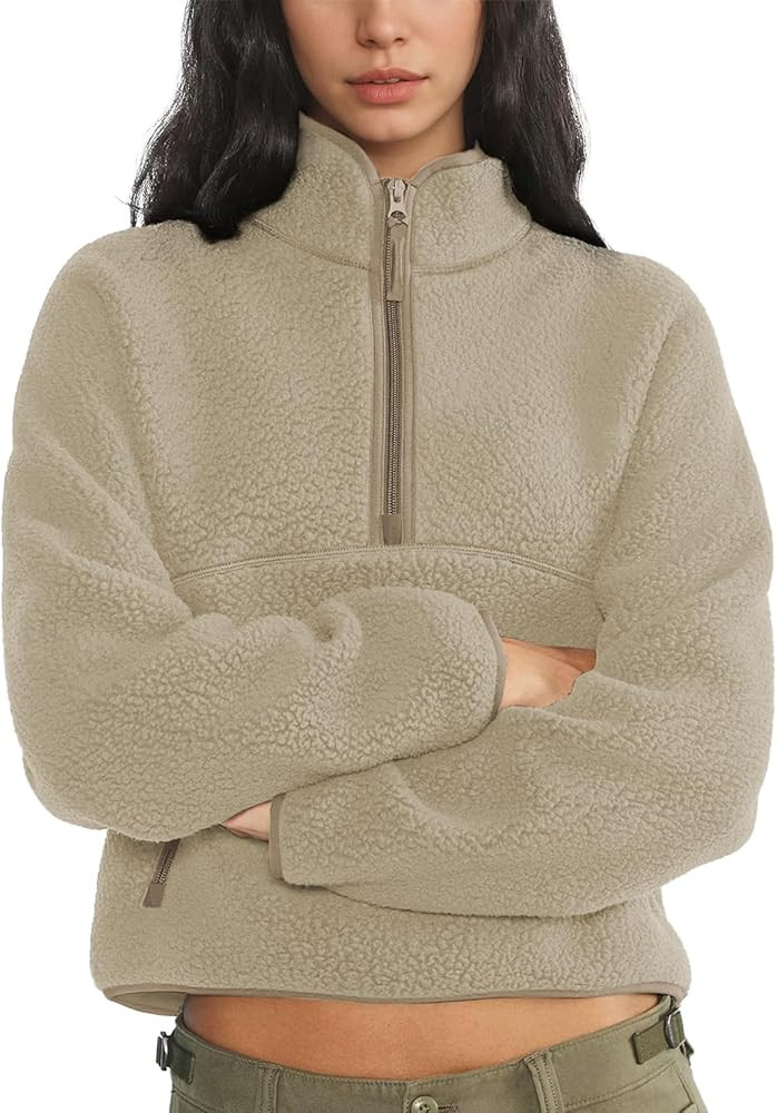 Womens Fleece Sweatshirts Cropped Half Zip Fuzzy Warm Sherpa Pullover Varsity Jackets with Zipper... | Amazon (US)