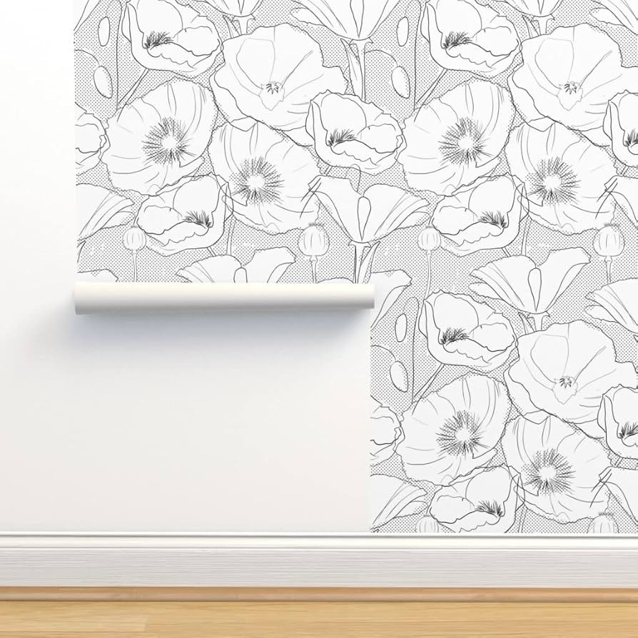 Peel & Stick Wallpaper 3ft x 2ft - Large Scale Poppies Black White Gray Monochrome Poppy Floral C... | Amazon (US)