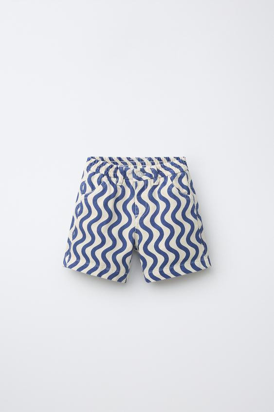 Zara - Twill Bermuda Shorts With Geometric Waves - Ecru / Blue - 3 Years (98 Cm) - Kids | Zara UK