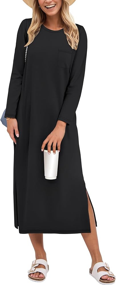 ANRABESS Womens 3/4 Long Sleeve Striped Slit Midi T Shirt Dresses with Pockets 2025 Dressy Casual... | Amazon (US)