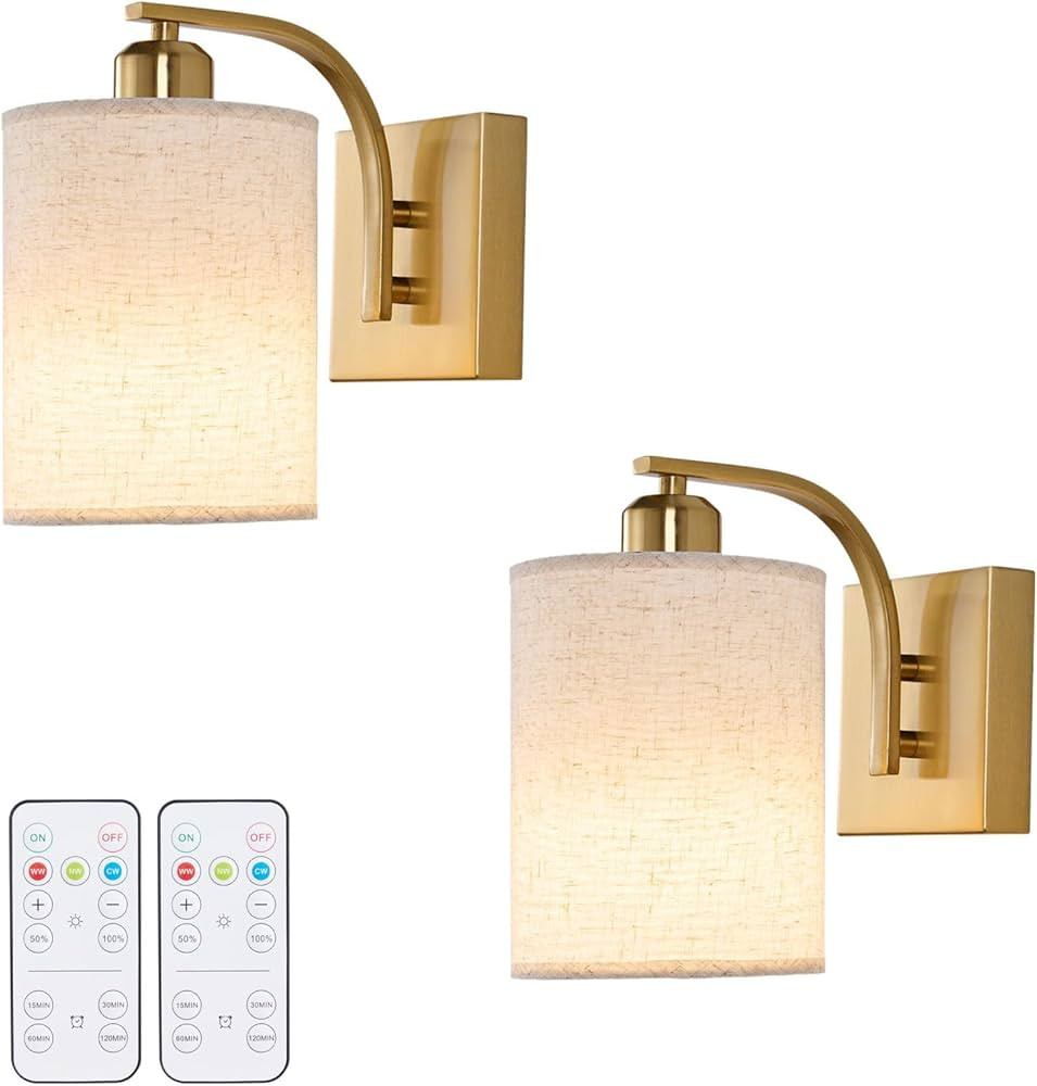 Gold Rechargeable Battery Operated Wall Sconces Set of 2 with Remote, Wireless Dimmable Battery P... | Amazon (US)