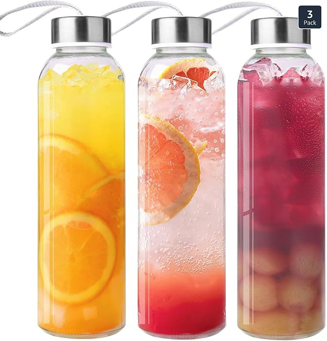 Duocesica 3 Packs Glass Water Bottles with Lid Clear Juice Bottles Reusable Bottle with Stainless... | Amazon (US)