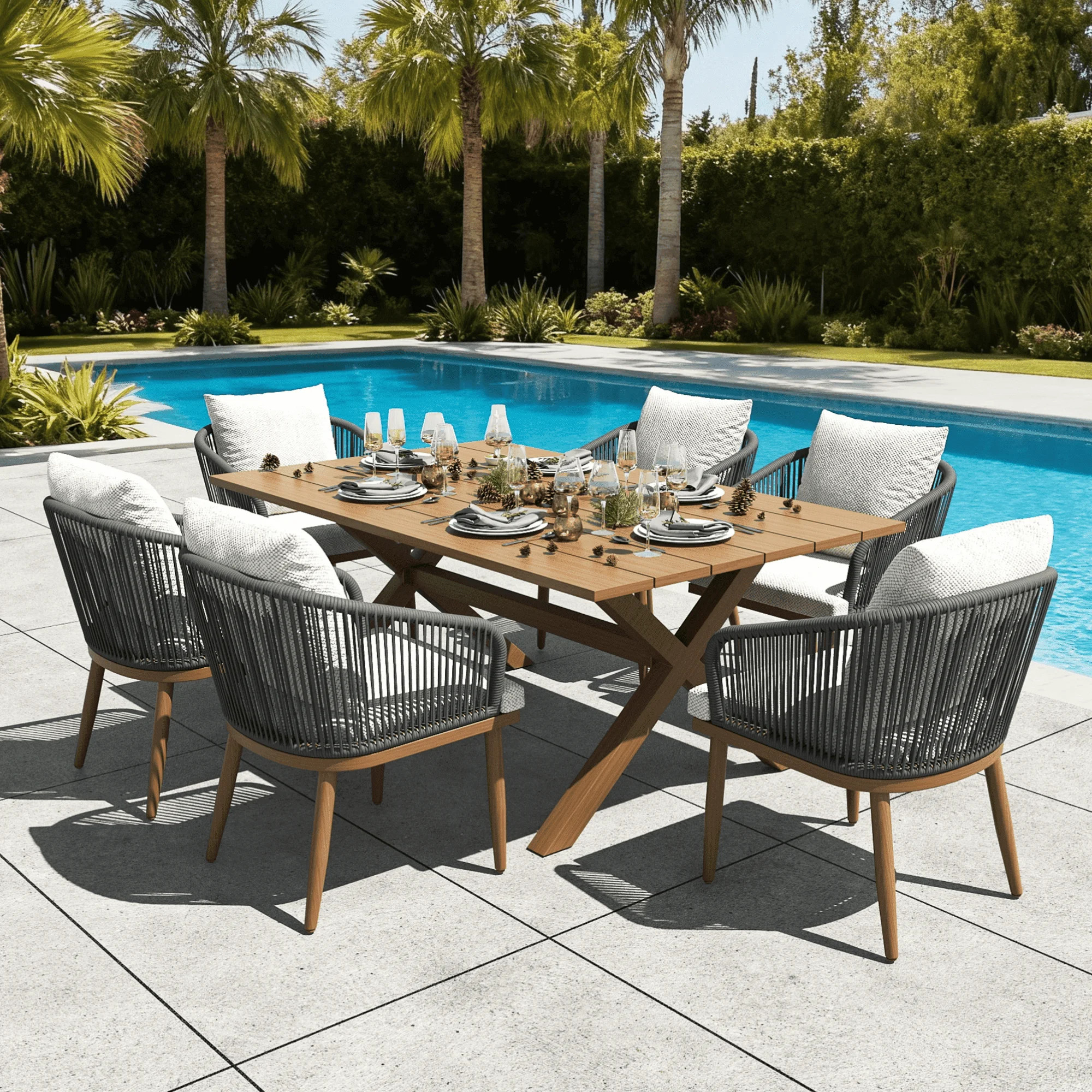 LayinSun 7 Pieces Outdoor Patio Dining Set, Aluminium Rectangular Dining Table and Wicker Rattan ... | Walmart (US)