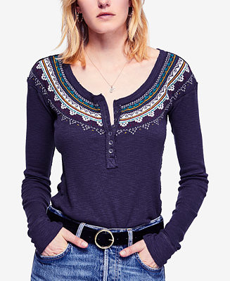 Free People Fair Isle Embroidered Thermal Henley Women -  Tops - Macy's | Macys (US)