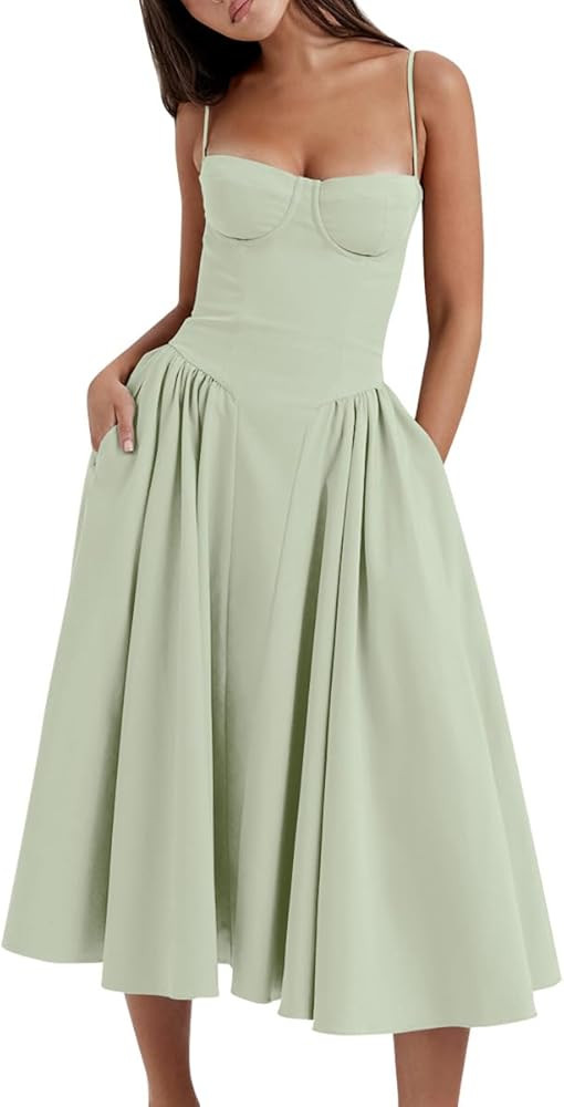 Women’s Corset Dress Sexy Spaghetti Strap Bustier Midi Dress Low Cut Flowy Pleated Hem Formal D... | Amazon (US)