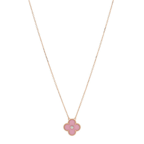 18K Rose Gold Diamond Pink Porcelain Vintage Alhambra Pendant Necklace | FASHIONPHILE (US)