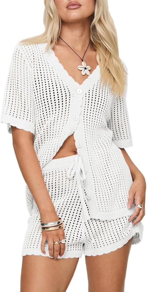 Saodimallsu Womens Crochet Swimsuit Coverup Sets Short Sleeve V Neck Button Tops Drawstring Short... | Amazon (US)