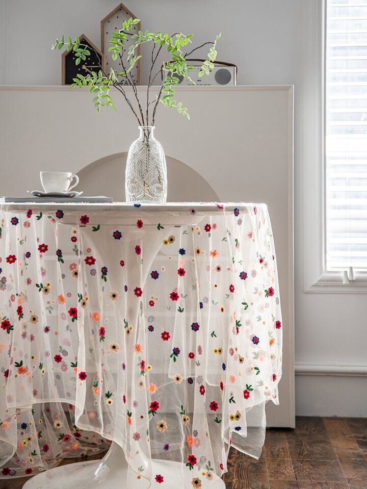 1pc Flower Embroidered Tablecloth, Mesh Table Cover For Dining Room | SHEIN