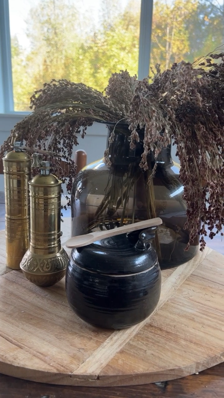 Dining table styling, fall table centerpieces, smoked glass vase, Turkish mills, ceramic container, wood bread board  

#LTKhome #LTKunder100 #LTKSeasonal