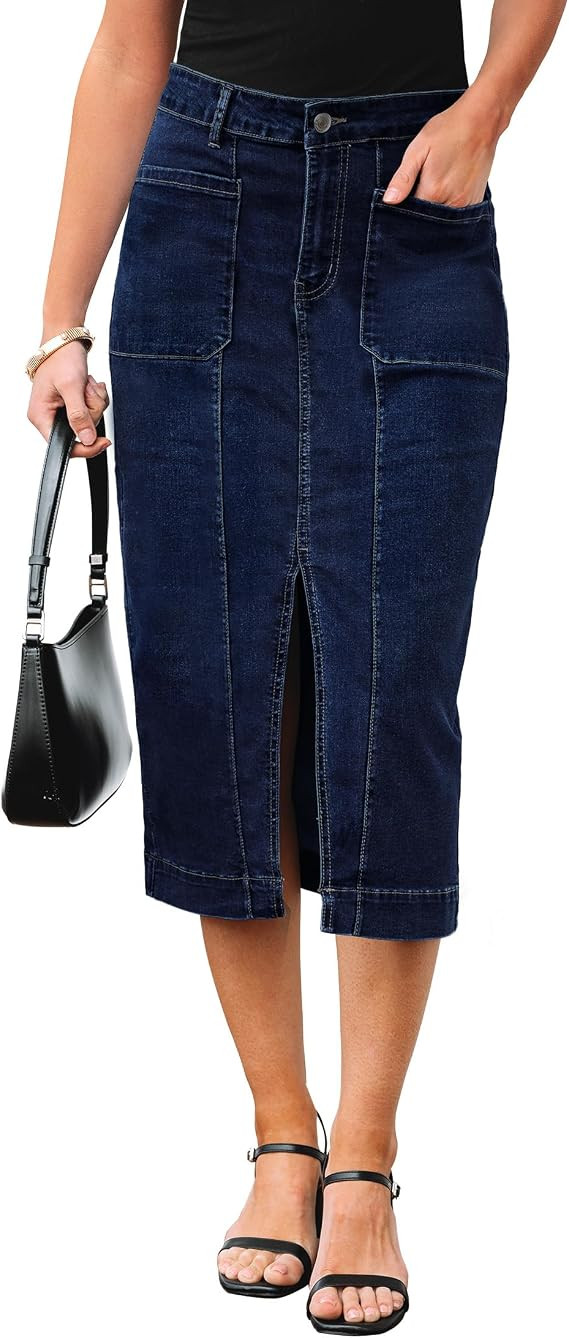 luvamia Jean Skirts for Women Denim Trendy Casual Stretchy High Waisted Midi Front Pockets Below ... | Amazon (US)