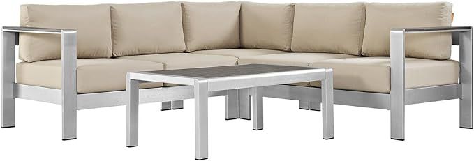 Modway Shore 4-Piece Aluminum Outdoor Patio Sectional Sofa Set in Silver Beige | Amazon (US)