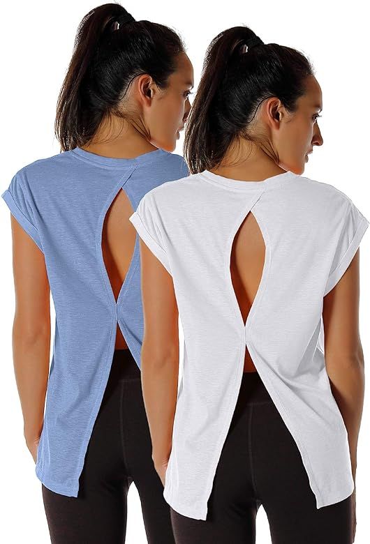 icyzone Open Back Workout Top Shirts - Yoga t-Shirts Activewear Exercise Tops for Women(Pack of 2) | Amazon (US)