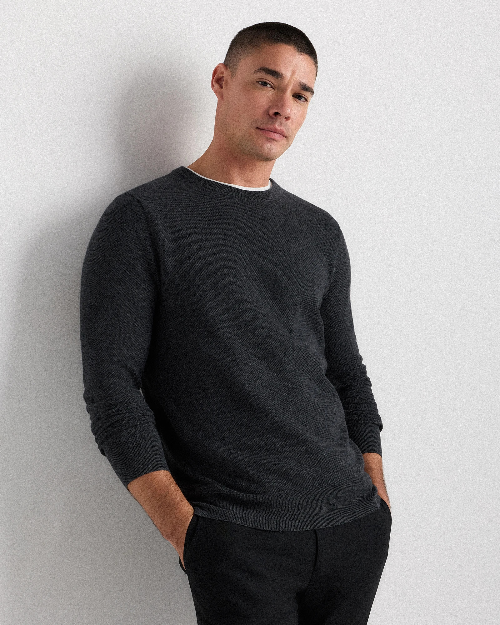 100% Organic Cotton Pique Crewneck Sweater in Heather Charcoal | Quince