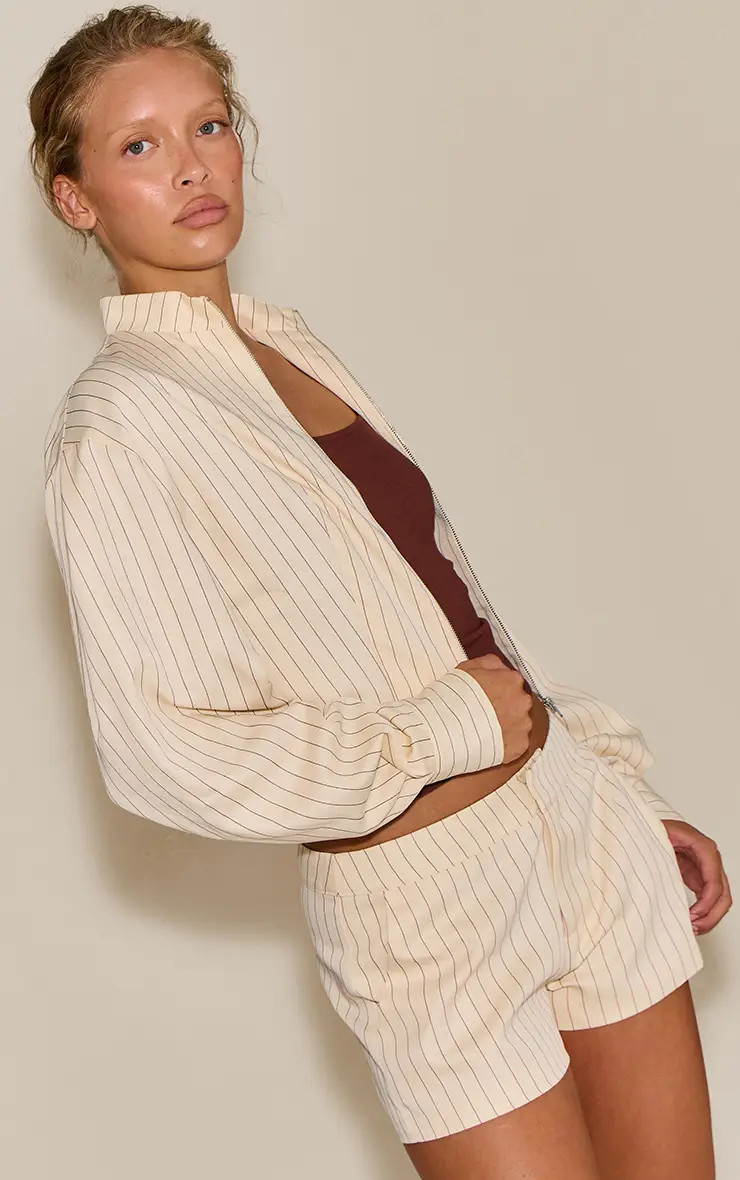 Cream Pinstriped Fitted Jacket | PrettyLittleThing UK