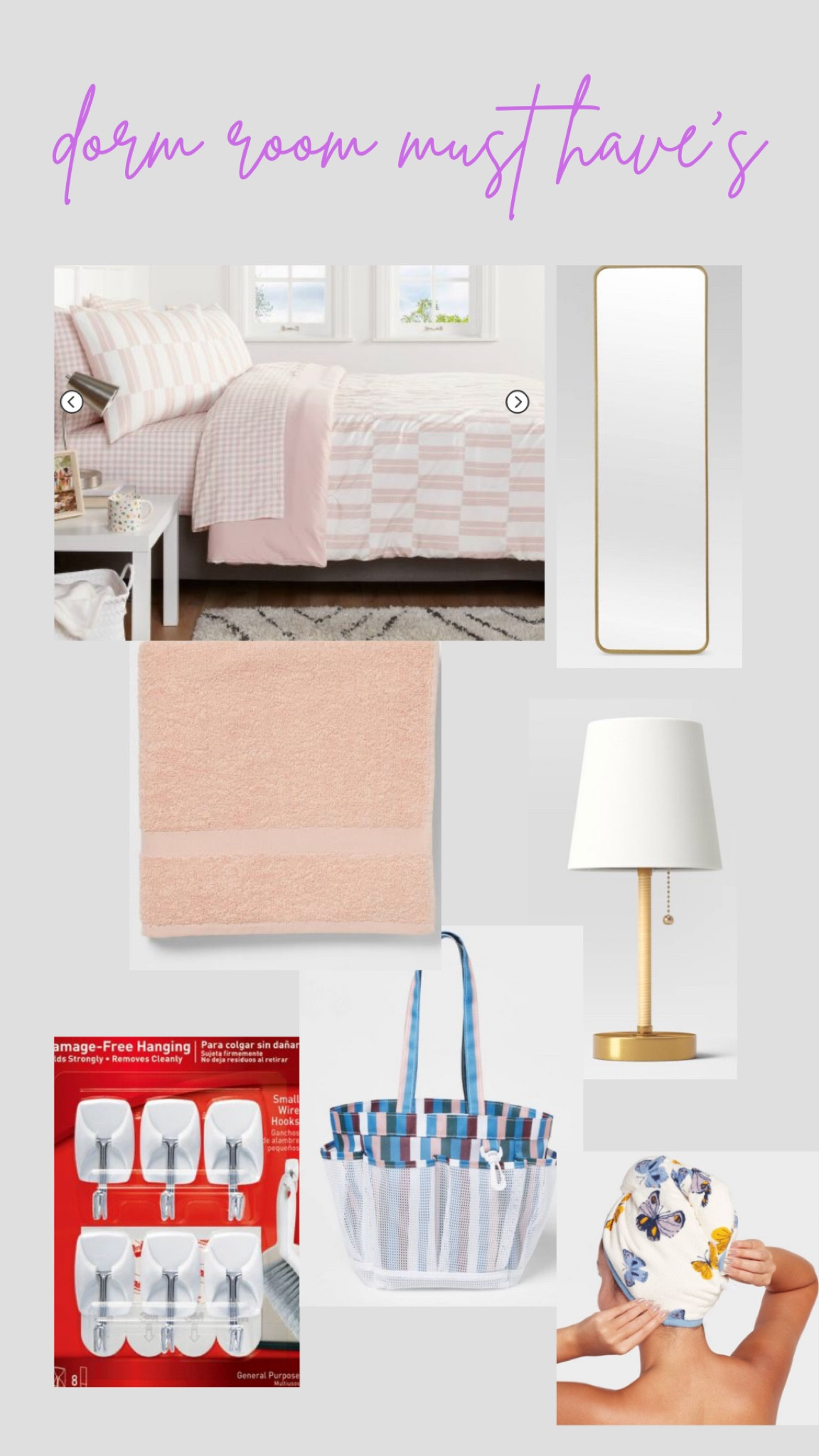 Shopping for Dorm Room essentials is SO much fun, but can also be daunting. Stick to the basics at first and then fill in! Make sure you have a comforter / bedding, matching towels is always fun, a lamp for late night study sessions, a mirror to hang on the door, a shower caddy, and my favorite tip - command hooks of various sizes! Most dorms won’t let you nail anything into the wall so you’ll be hanging all your decor with command hooks and strips! Stock up on these at Target or on Amazon! If I were moving into a college dorm room today, I’d go with this peach and gold theme! 

College / dorm room / sorority / school / university 

#LTKunder50 #LTKBacktoSchool #LTKunder100