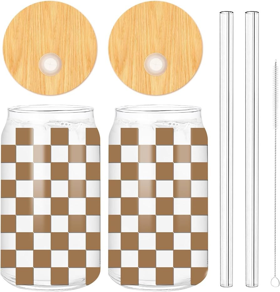 Whaline 2 Pack Checkered Drinking Glasses 16oz Brown Checkered Glasses Cup Ice Coffee Cup with Ba... | Amazon (US)