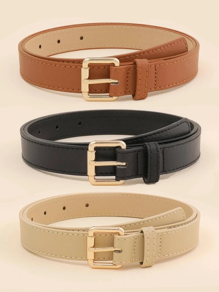 3pcs Women Black Khaki Rectangle Buckle Fashionable Belt For Daily Decoration | SHEIN