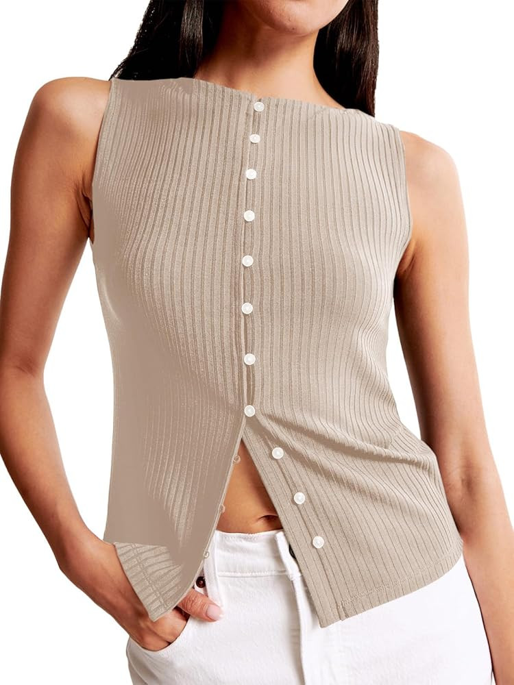 Tankaneo Womens Going Out Tops Summer Button Down Ribbed Tank Shirts Cropped Cute Y2k Vest Tops 2... | Amazon (US)