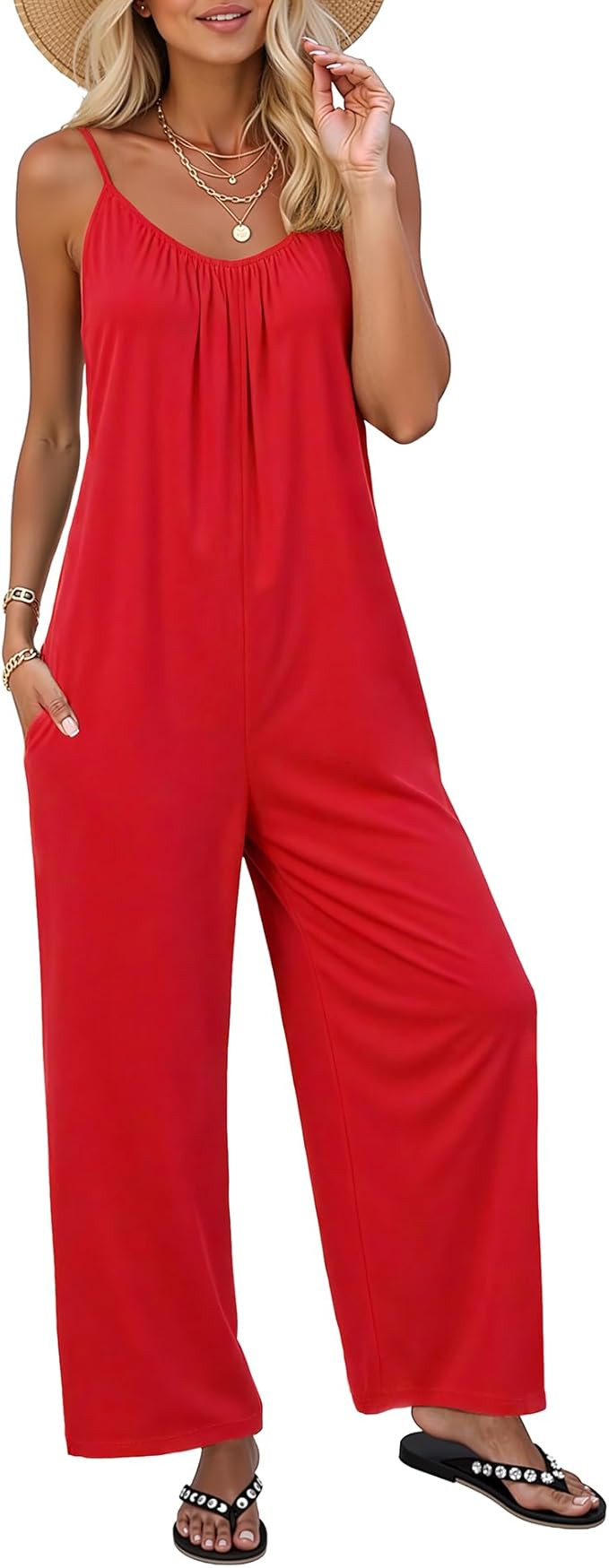 LILBETTER Women Jumpsuits Casual Sleeveless Spaghetti Strap Boho Wide Leg Rompers with Pockets | Amazon (US)