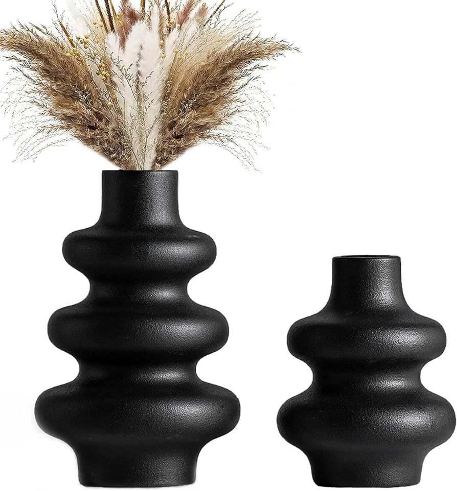 Steviieden Black Ceramic Vase Set of 2,Modern Dried Flowers Vase Boho Donut Modern Vase Nordic Mi... | Amazon (US)