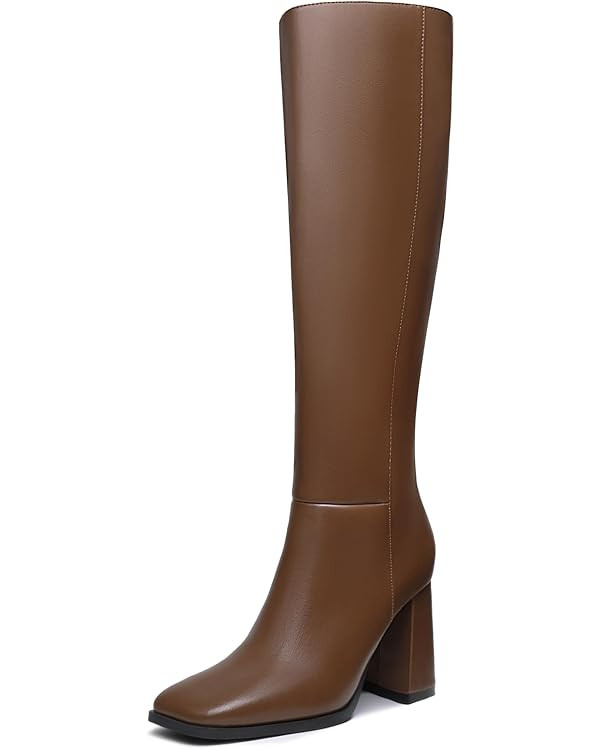 Athlefit Women's Knee High Boots Fashion Chunky Heel Square Toe Tall Boots Side Zipper Long Boots | Amazon (US)