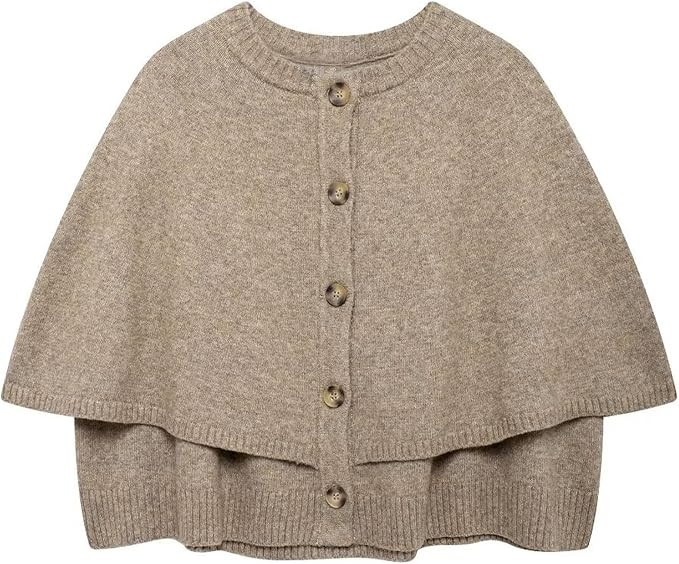 HOULENGS Women's Crew Neck Shawl Cropped Cardigan, Button Down Knit Jacket | Casual Cape‑Style ... | Amazon (US)