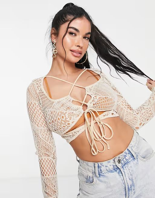 ASOS DESIGN crochet lace top with ruching in stone | ASOS (Global)