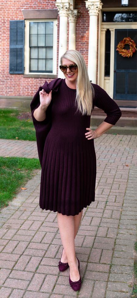 Burgundy monochromatic fall outfit. Merino wool sweater dress, double face wool duster jacket, suede bow block heels

#LTKshoecrush #LTKover40 #LTKmidsize