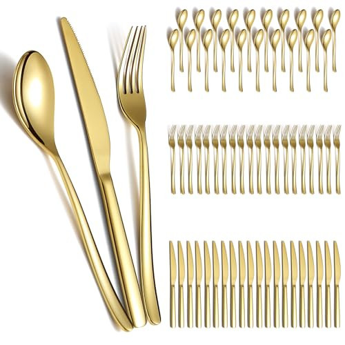 Berglander Gold Wedding Silverware Set 60pcs Service for 20, Titanium Plating Stainless Steel Flatware Set, Gold Spoons Forks Knives Set for Home, Wedding, Restaurant, Dishwasher Safe | Amazon (US)