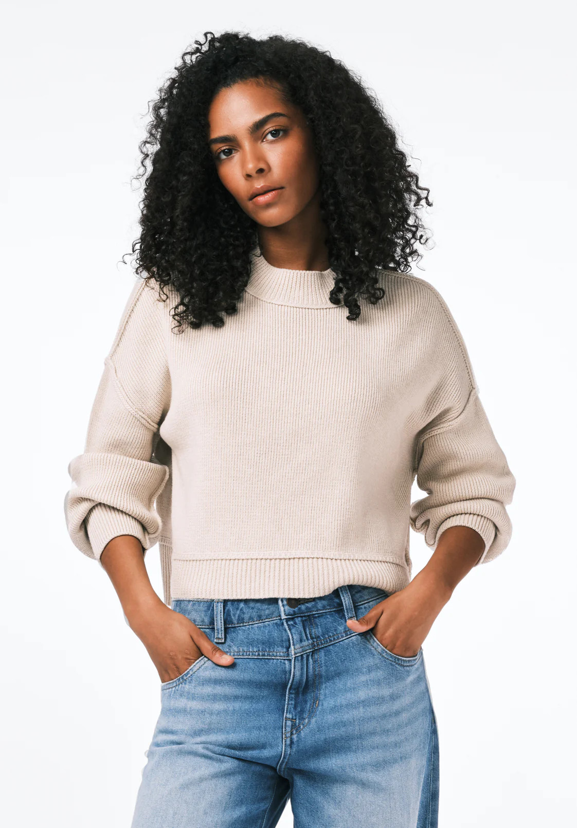 Seema Women's Dropped Sleeve Loose-Fit Cropped Sweater, Oatmeal - SW0142 | Buffalo David Bitton