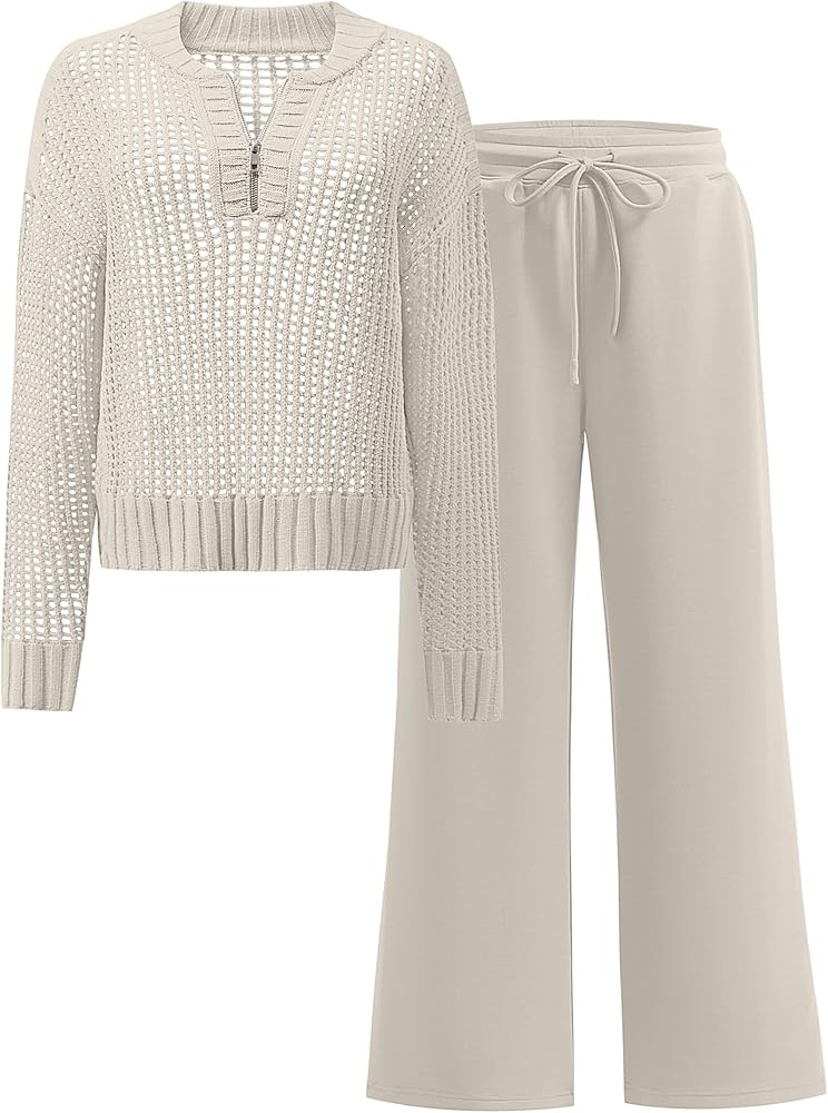ANRABESS Womens 2 Piece Outfits 2025 Fall Crochet Knit Half Zip Sweater Top Wide Leg Pant Travel ... | Amazon (US)