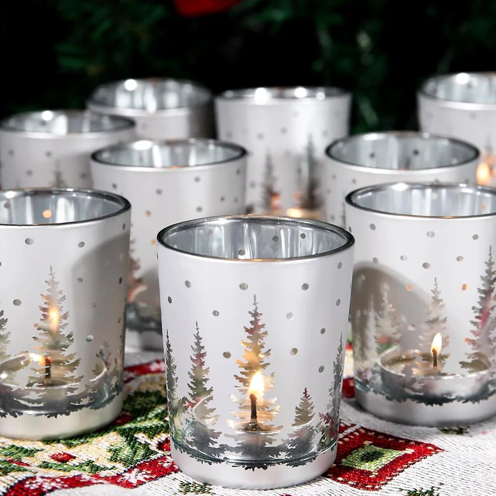 12pcs Silver Christmas Votive Candle Holder for Fireplace, Glass Reindeer Christmas Tea Light Can... | Amazon (US)