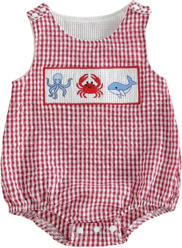 Baby Boy Smocked Bubble Romper Crawfish Onesie Sleeveless Plaid Lobster Bodysuit Summer Outfits I... | Amazon (US)