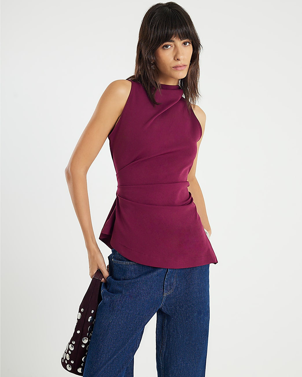 Red High Neck Asymmetric Peplum Top | River Island UK & IE