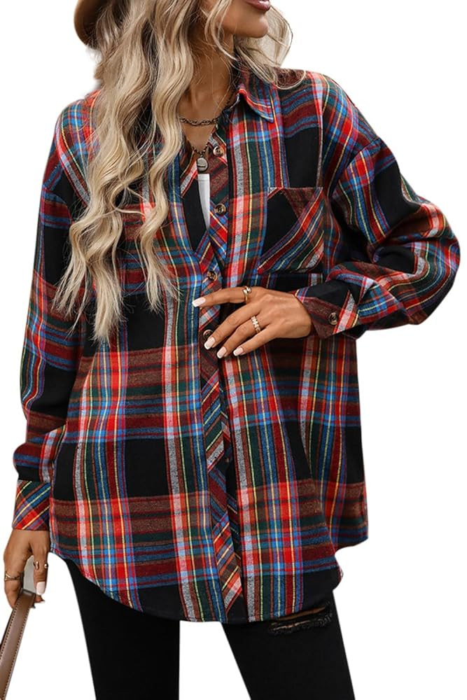CHYRII Womens Oversized Flannel Shirts Button Down Long Sleeve Plaid Shirt Business Casual Blouse... | Amazon (US)