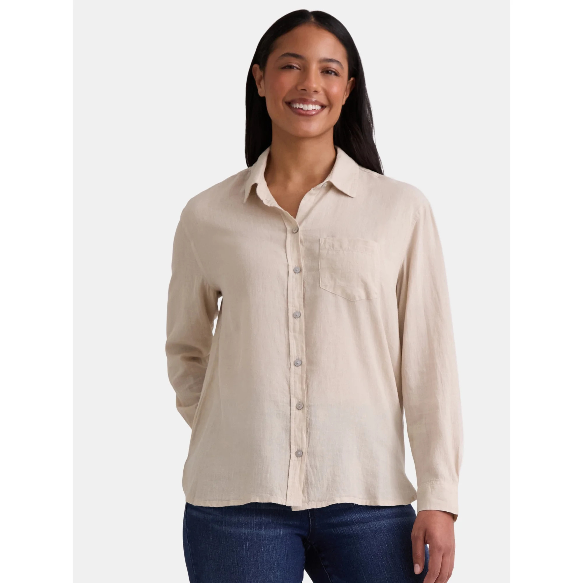 Time and Tru Women's and Women's Plus Linen Blend Oversized Shirt, Sizes XS-4X | Walmart (US)