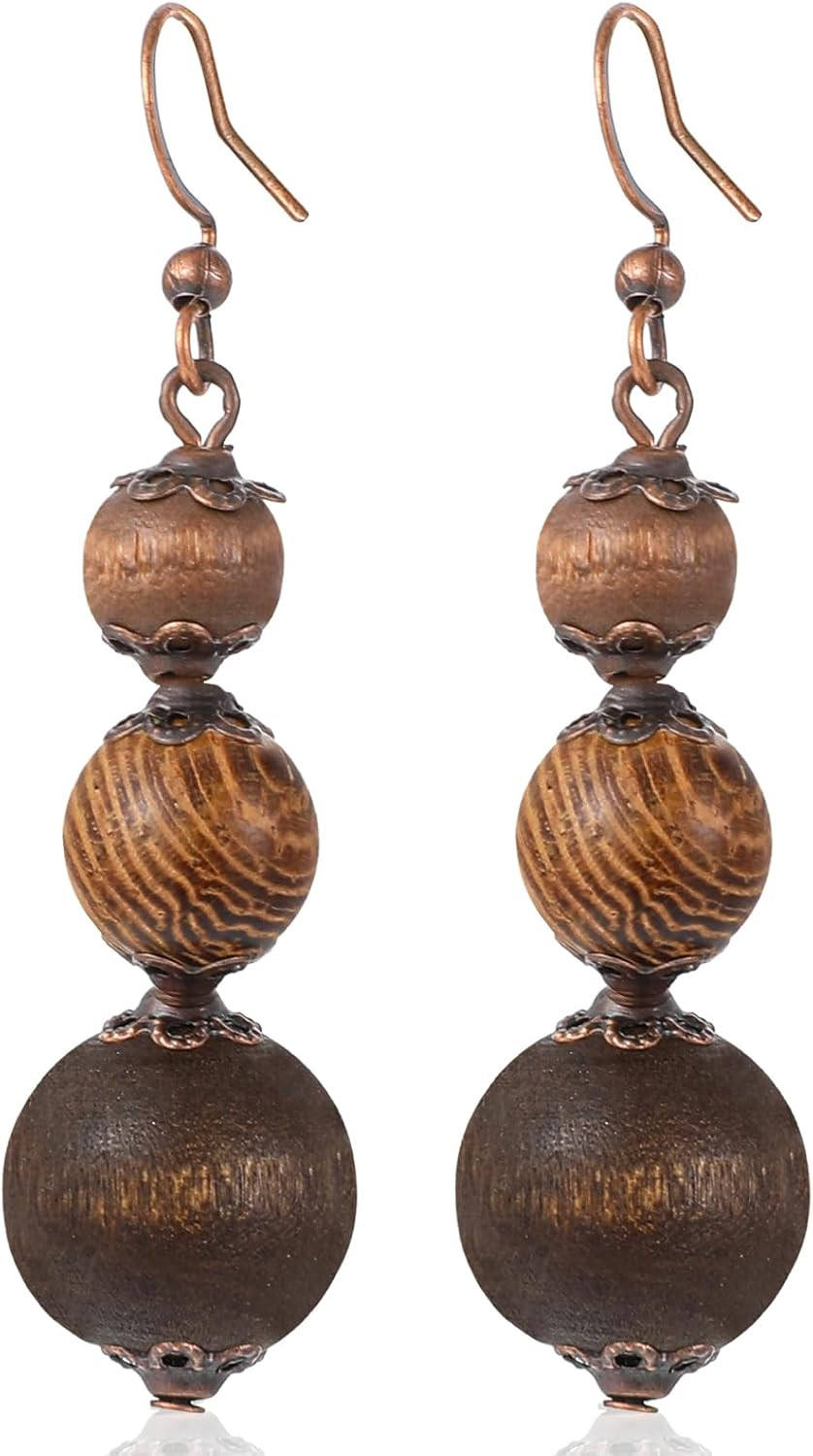 Brown Beaded Wooden Earrings, Beaded Dangle Wood Earrings for Women Bohemian Jewelry Vintage Ethnic Statement Lightweight Wooden Dangle Tribal Bohemian Gifts | Amazon (US)