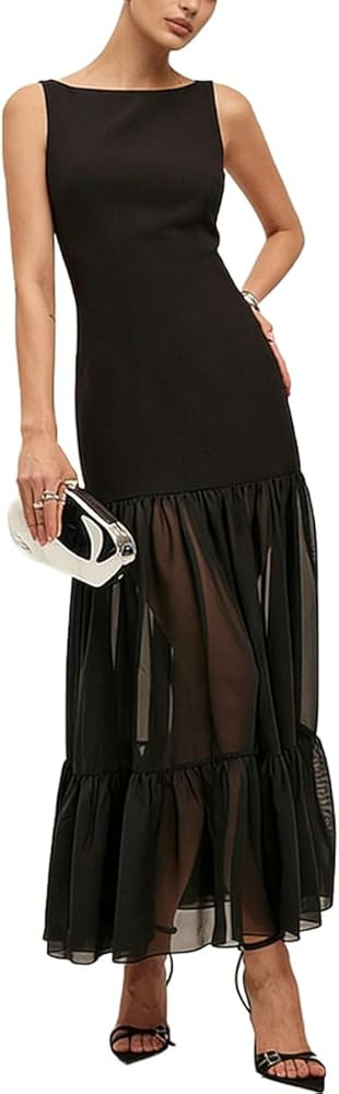 Women Mesh Sheer Backless Maxi Dress Boat Neck Sleeveless Elegant Prom Sexy Tie Strap Dress Weddi... | Amazon (US)
