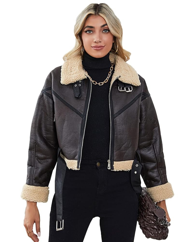 LY VAREY LIN Winter Women Faux Lamb Fur Leather Short Jacket Lapel Zipper Bomber Aviator Coat | Amazon (US)