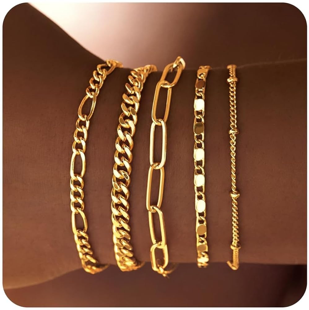 Gold Bracelets for Women Trendy,14K Real Gold Plated Dainty Stackable Paperclip Cuban Link Chain ... | Amazon (US)