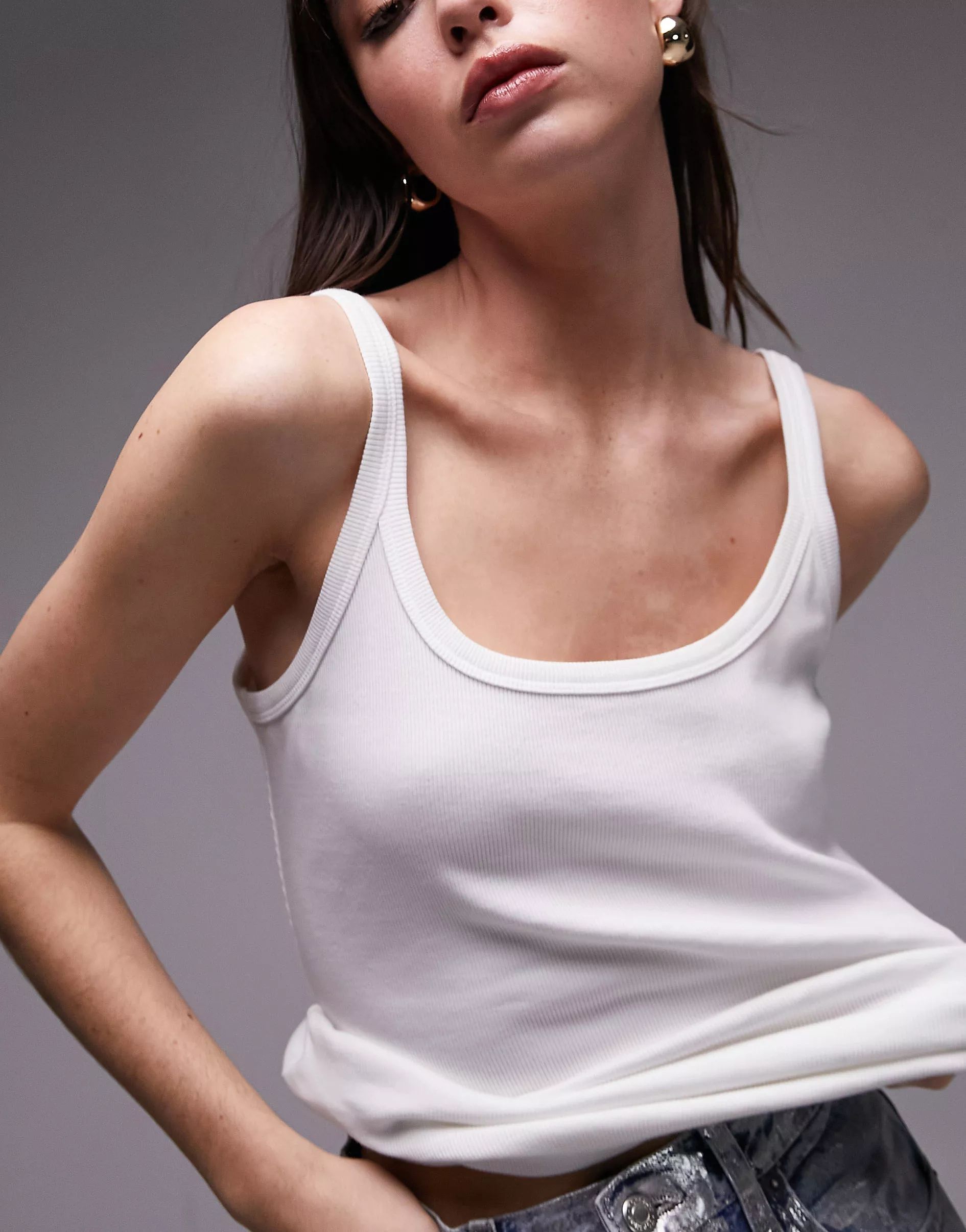 Topshop rib scoop neck skinny strap vest top in white | ASOS | ASOS (Global)
