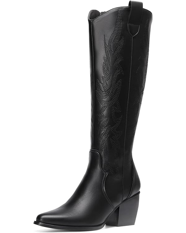 DREAM PAIRS Womens Cowboy Boots Wide Calf Comfortable Pull On Zipper Chunky Heel Pointed Toe Embr... | Amazon (US)
