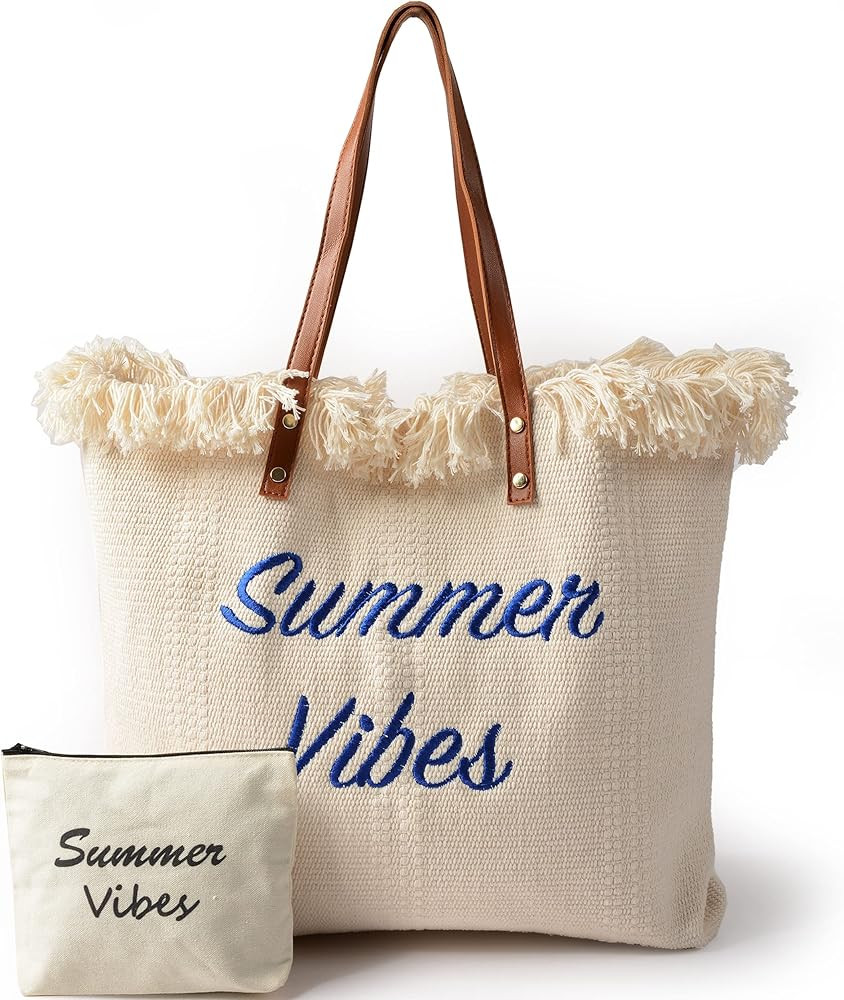 Faatoop Women Cute Canvas Tote Bag Fashion Ladies Shoulder Purse Embroidery Summer Vibes Big Capa... | Amazon (US)