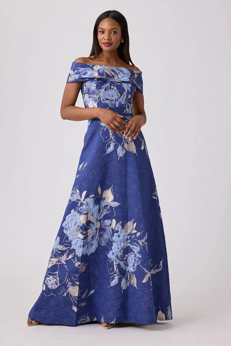 Large Floral Pattern Jacquard Off the Shoulder Gown | TERI JON