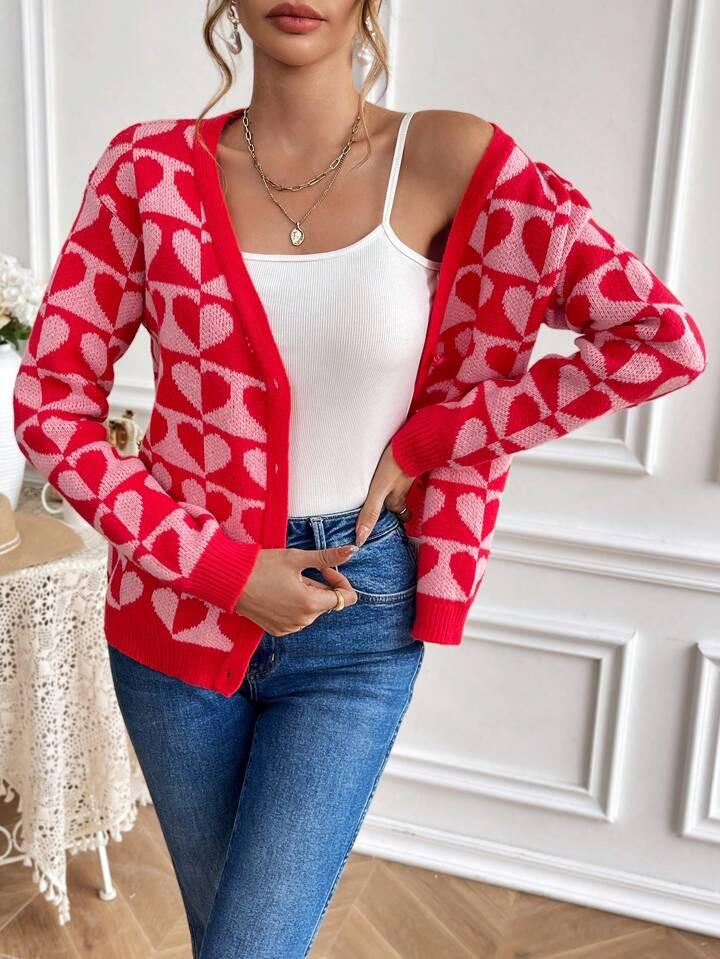 SHEIN Frenchy Heart Pattern Mid Length Valentine's Cardigan,Heart Cardigan | SHEIN