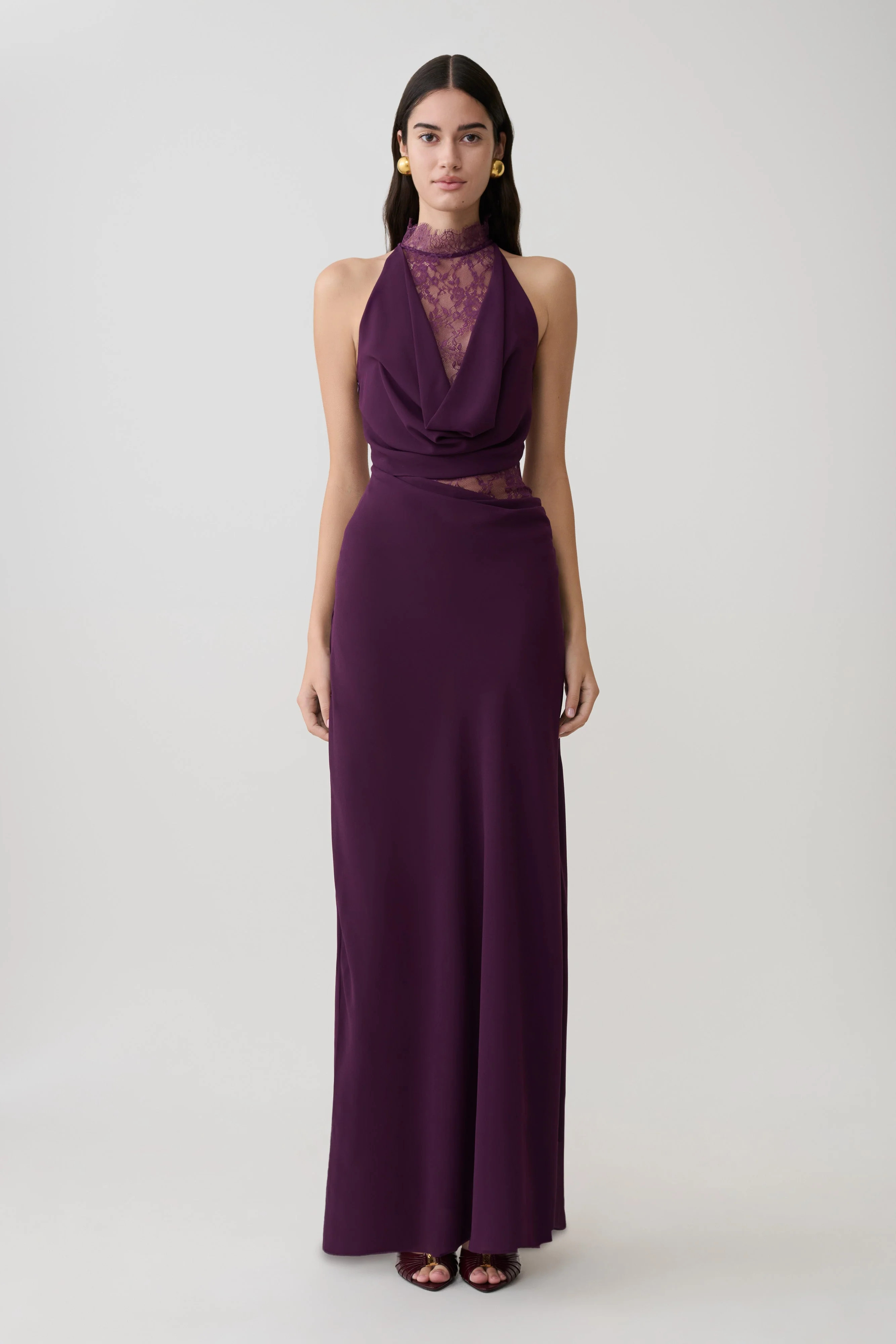 Arra Chiffon And Lace Halter Maxi Dress - Plum | MESHKI US
